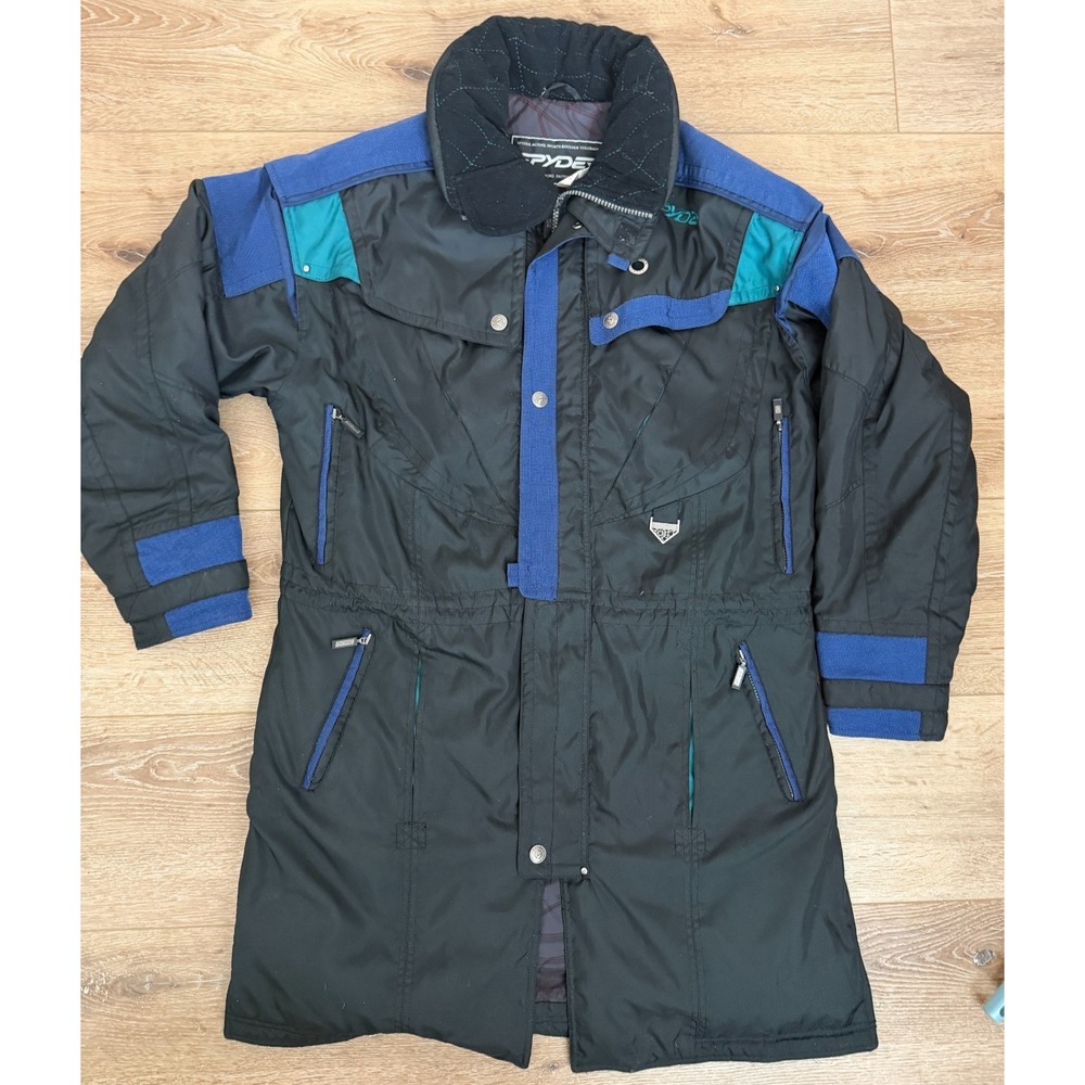 Vintage Spyder Thinsulate Ski Parka Men's XL Black Blue Teal Long Jacket 90s